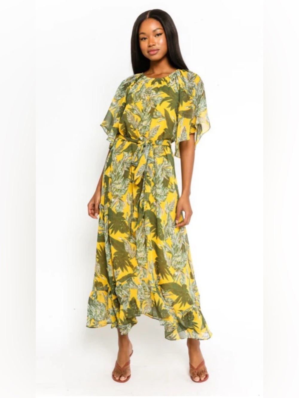 NWOT Olivaceous Bianca Yellow Maxi Dress with Olive Leaf Print